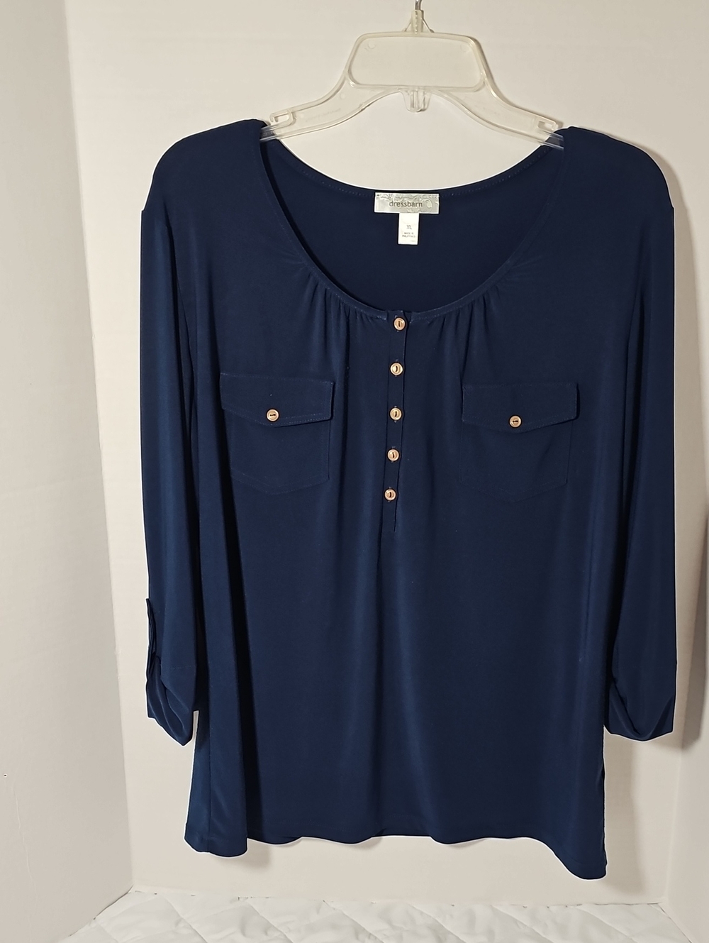 Dress Barn Navy Button Henley Tunic with Chest Pockets